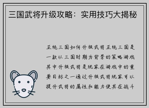 三国武将升级攻略：实用技巧大揭秘